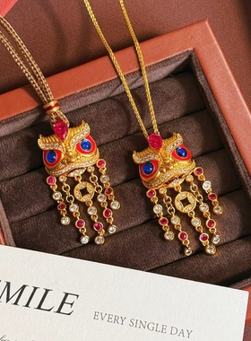 沙金珐琅滴油醒狮吊坠项链女流苏