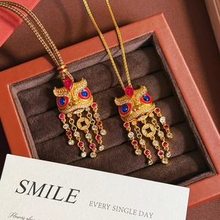 新中式 毛衣链 古法沙金珐琅彩滴油醒狮吊坠项链女流苏锁骨链长款