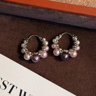 法式 复古U形紫色珍珠耳环女轻奢小众设计感百搭优雅圆圈耳扣耳坠