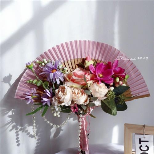 手捧花diy材料包结婚新中式折扇新娘领证棒花扇子结婚礼物晨袍