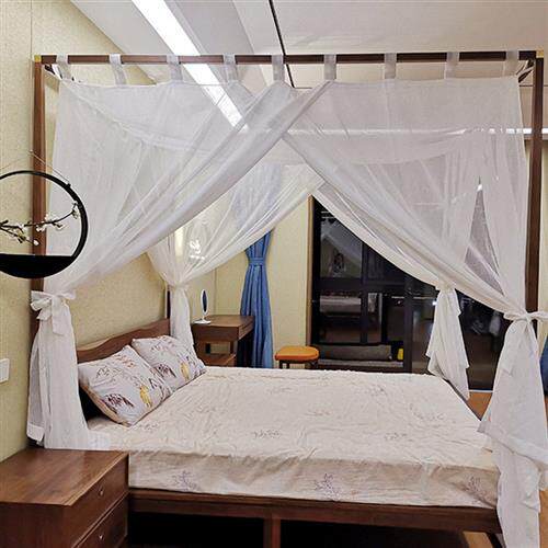 新中式美式古典四柱架子床幔纱防蚊帐简约粘扣吊带整体床帘幔