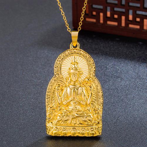 复古黄铜镀24K黄金平安佛牌吊坠项链 手工四臂观音佛像大吊坠挂坠