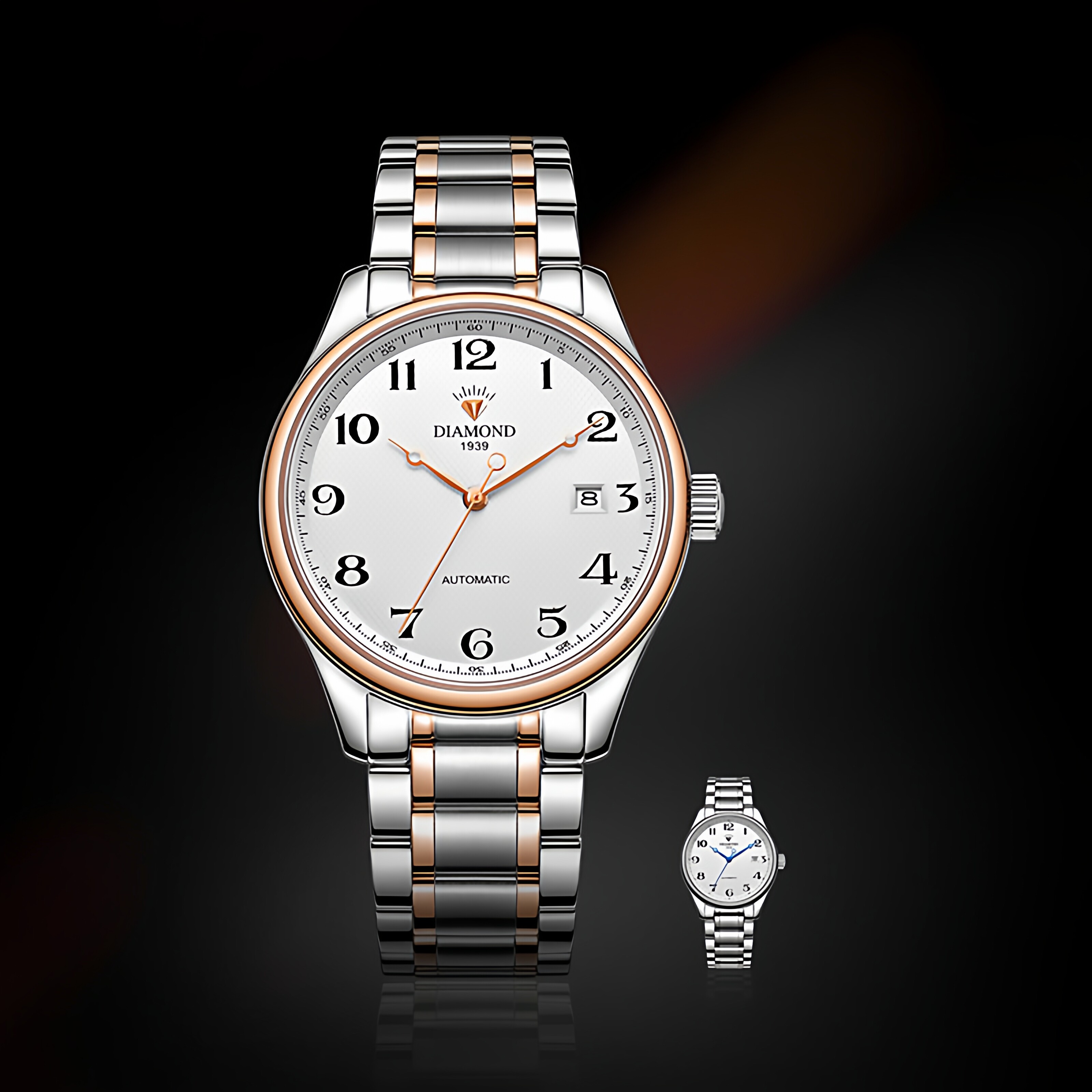 上海钻石牌手表男自动机械表简约休闲数字小表盘男士玫瑰金机械表