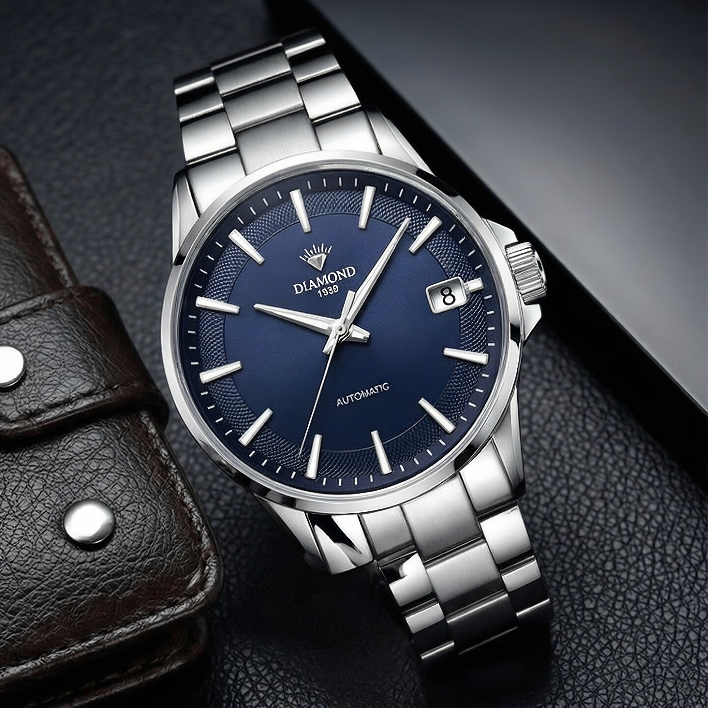 上海钻石牌男生手表自动机械表男士简约休闲带日历夜光长储能腕表