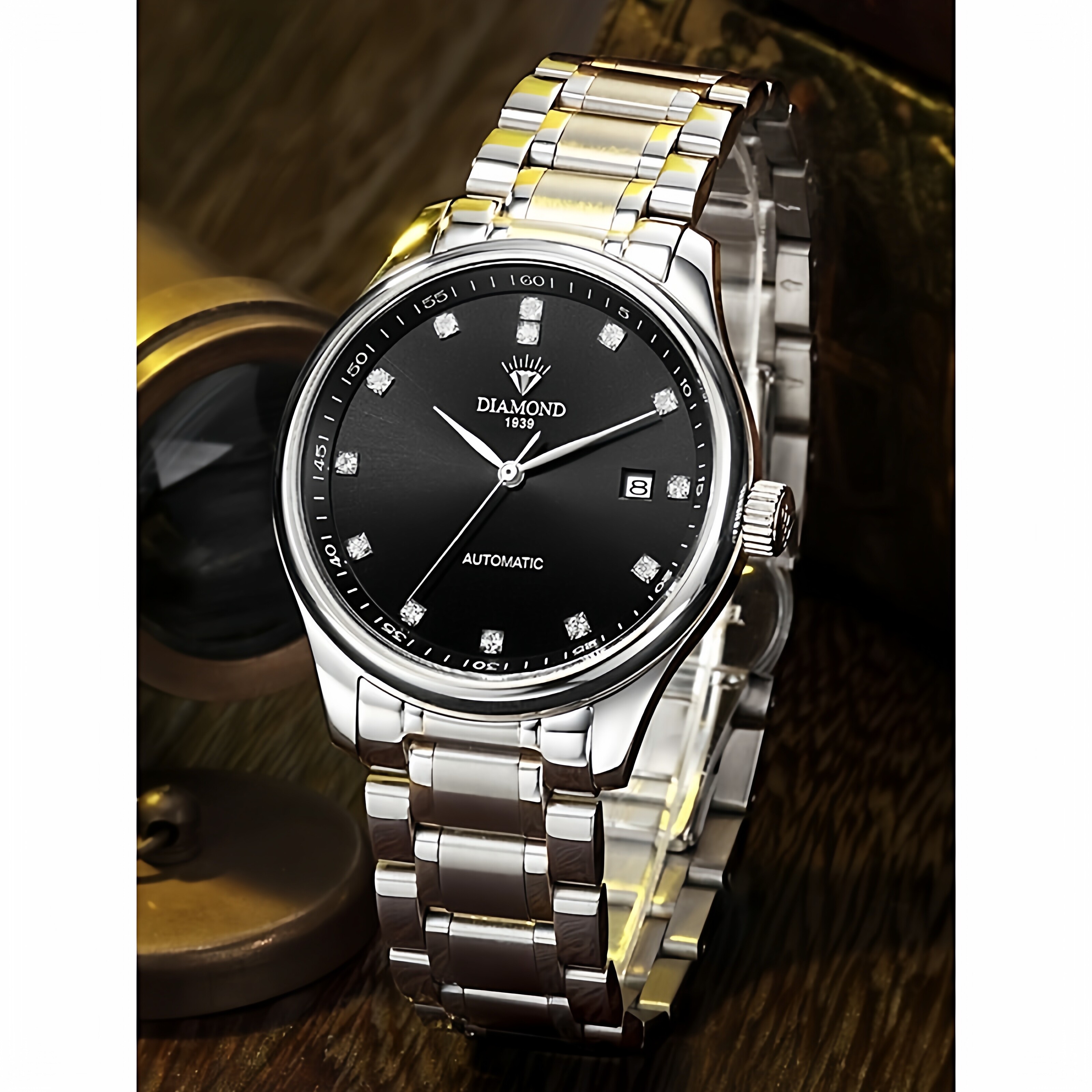 上海钻石牌手表全自动机械男生手表简约镶钻商务休闲男士腕表