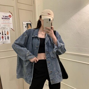 牛仔外套女学生秋冬韩版新款宽松外套BF百搭大口袋中长款工装上衣