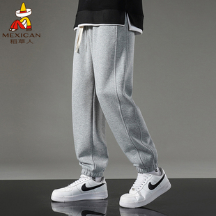 稻草人卫裤男士秋冬季加绒宽松束脚棉质灰色运动裤青少年休闲长裤