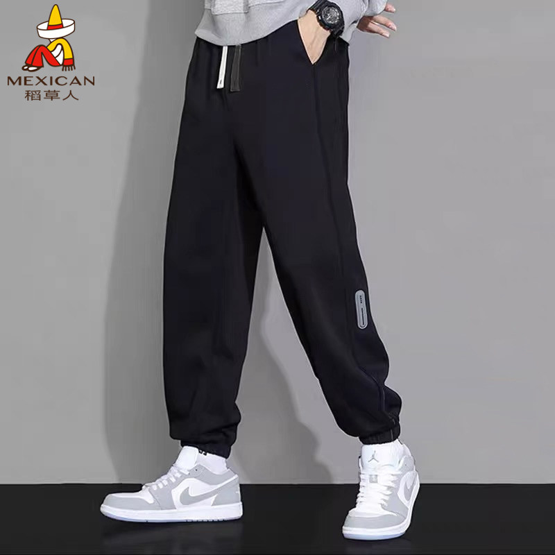 稻草人裤子男士秋冬潮牌黑色运动裤加绒加厚卫裤宽松束脚休闲裤子