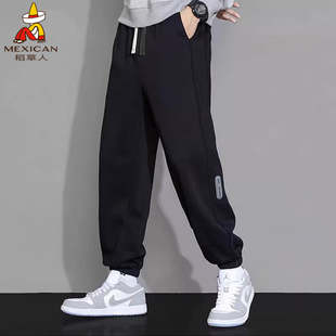 稻草人裤子男士秋冬潮牌黑色运动裤加绒加厚卫裤宽松束脚休闲裤子