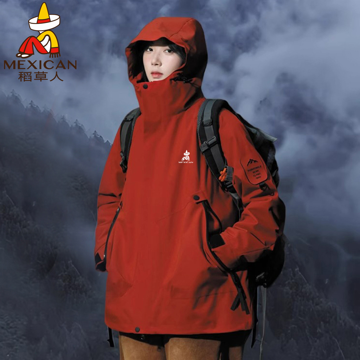 稻草人三合一冲锋衣红色春秋款风衣外套女防风防水情侣潮登山服男
