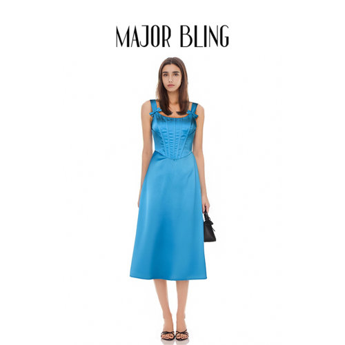 Major Bling 25ss 缎面鱼骨中长连衣裙
