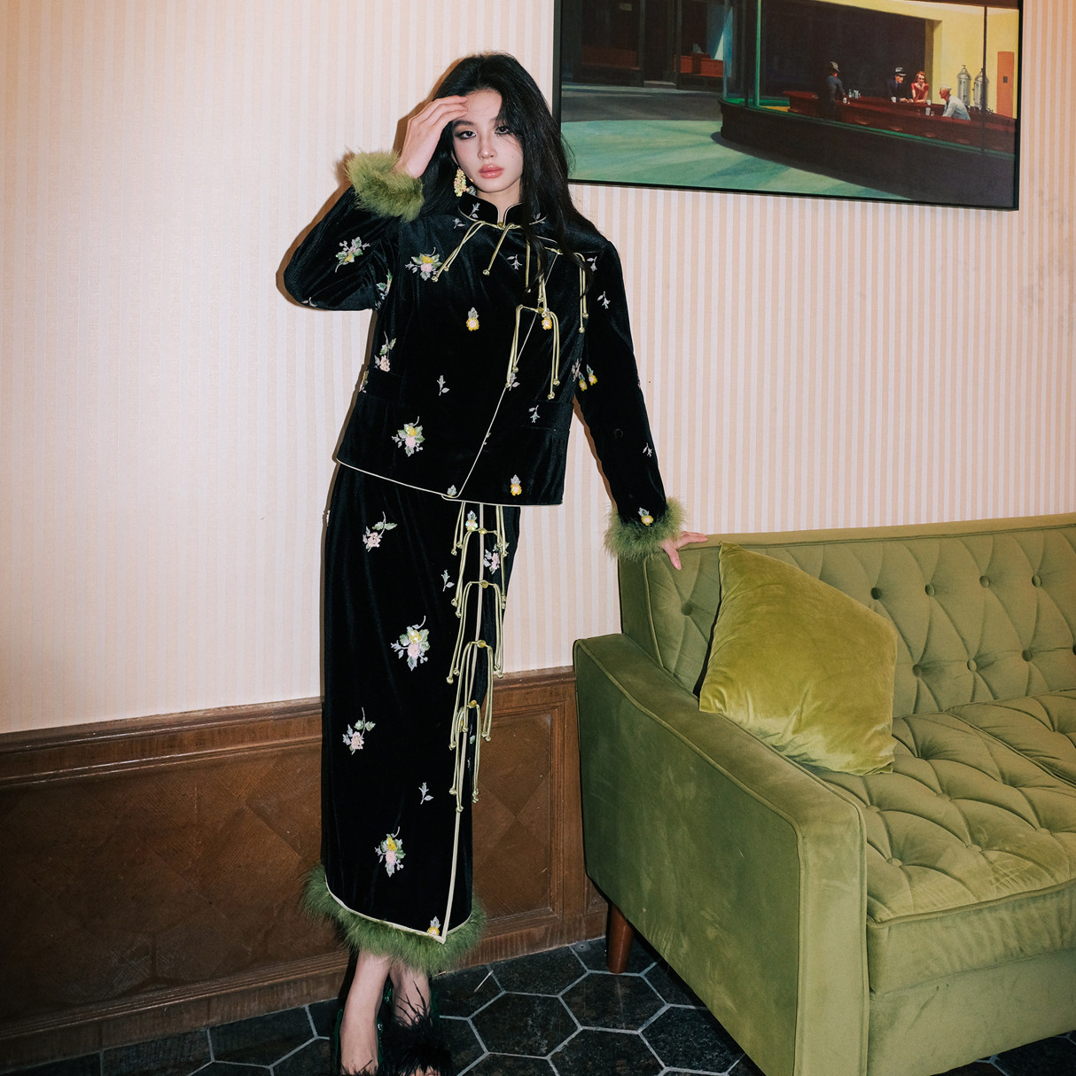 IINHUII 2024新款新中式亮片刺绣丝绒棉服半裙百搭高级,女装/女士精品,时尚套装,淘宝优惠券,粉丝福利购,淘宝优惠卷