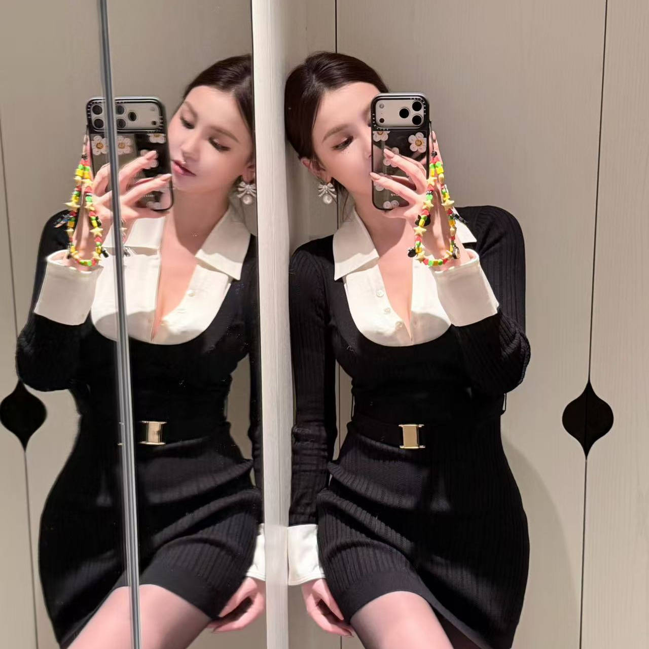 Nana Jacqueline 25AW 缎面拼针织假两件连衣裙腰带装饰针织短裙