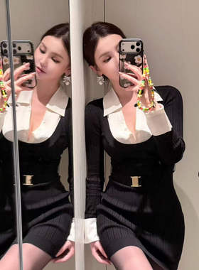 Nana Jacqueline 2W 缎面拼针织假两件连衣裙腰带装饰针织短裙