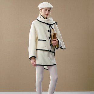 羊毛黑边围巾大衣 25AW 羊毛黑边半裙 JINGYI GUO