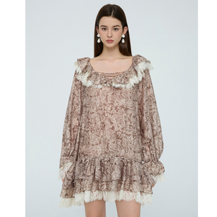 佩斯利绮梦·复古方领荷叶边羊毛印花蓬蓬裙 25AW ESTER HSU