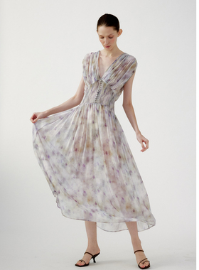 NONETONE Mistveil Floral雾绡花影深V收腰包布扣无袖长款连衣裙