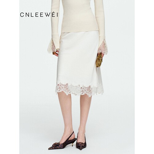 CNLEEWEI 26AW 法式优雅垂感高腰百搭蕾丝绣花缎面半身裙
