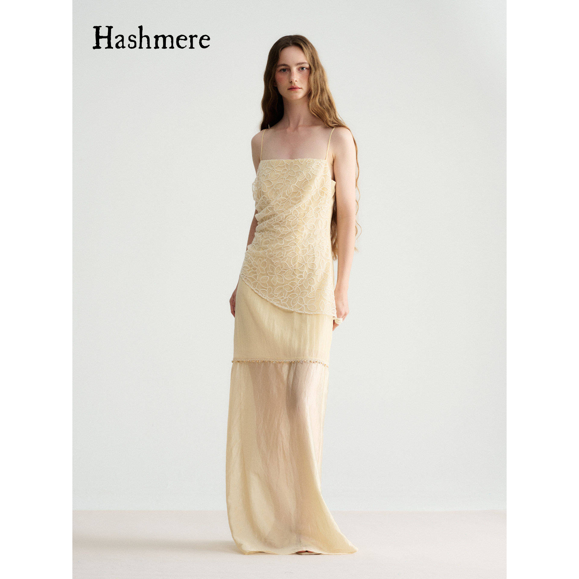 Hashmere 26SS 花朵蕾丝围裹式拼接收腰长裙优雅度假吊带连衣裙