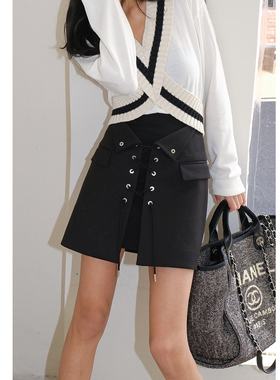 5折Dion Lee 辣妹风黑色双层半裙 白色学院风针织上衣