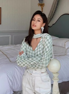 【5折XS码】 C+plus 授权店 淡绿色棋盘格针织衫