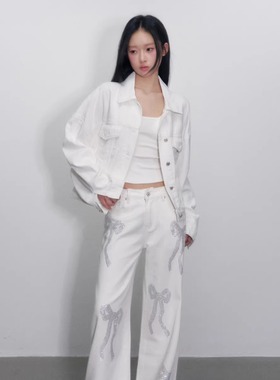 IA WARM AID ING 25ss 白色牛仔外套 直筒蝴蝶结烫钻牛仔裤