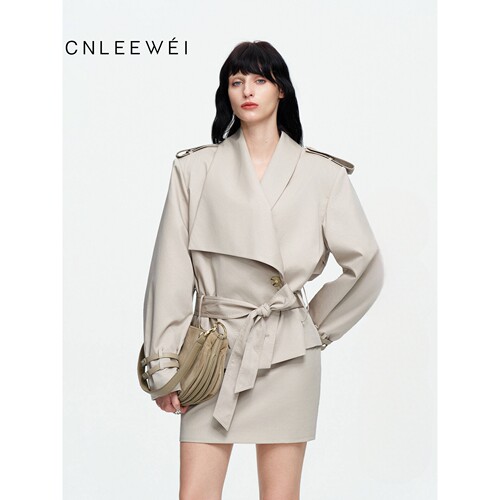 CNLEEWEI 26AW 不对称领廓形绑带短风衣 可拆卸细皮带超短裙