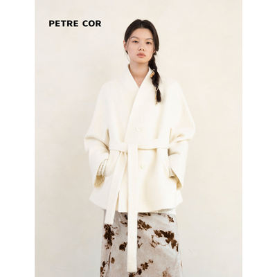 PETRECOR 独立设计师官方店马海毛宽松V领羊毛大衣系带女装25秋冬