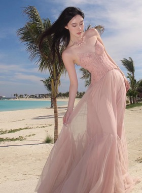 Sheer Luck 2025早春新款 Wavy蕾丝鱼骨抹胸大摆网纱连衣裙