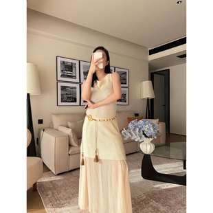 附内搭半裙 26亚麻混纺珠片纱荡领背心针织连衣裙 ZHI 现货XU