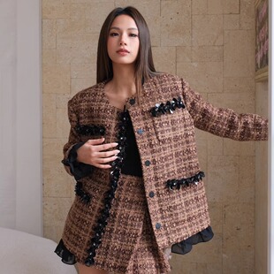 2024年格纹花呢手工钉珠外套花呢褶皱半裙 HSU 设计师品牌 ESTER