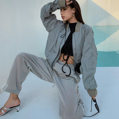 【清货折裤】Hyein Seo双层拉链飞行服夹克显瘦辣妹喇叭抽绳长裤