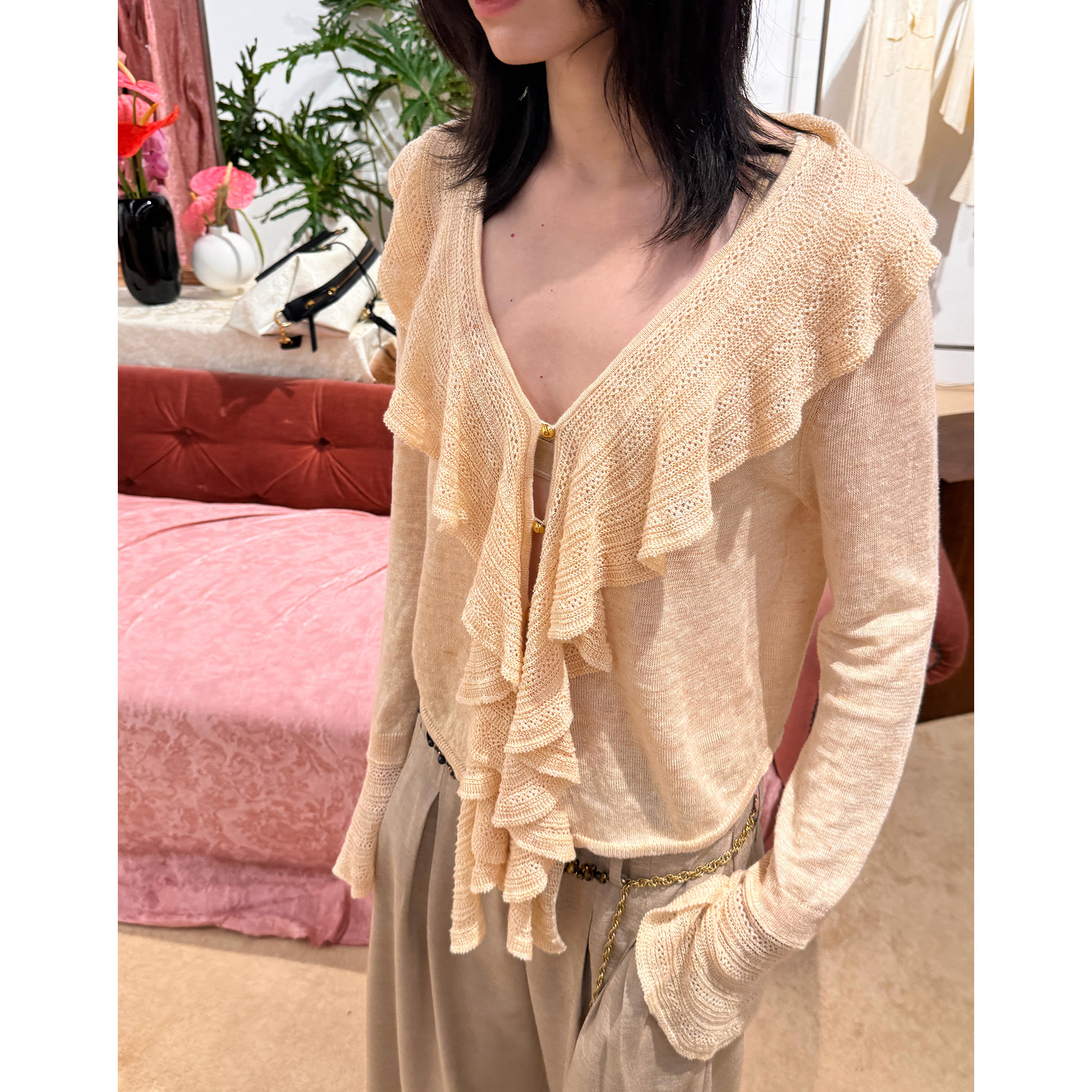 XU ZHI 26春季新品 亚麻荷叶边装饰针织开衫,女装/女士精品,时尚套装,淘宝优惠券,粉丝福利购,淘宝优惠卷