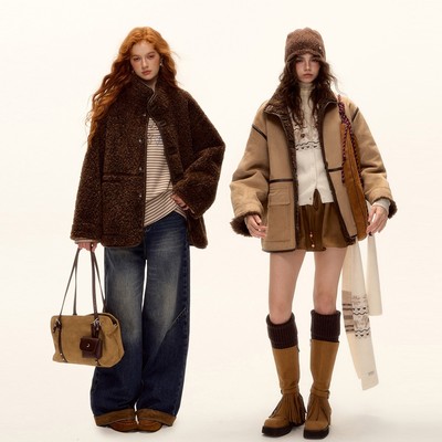 AsGony 25AW新款 双面穿仿皮毛一体麂皮羊羔毛外套