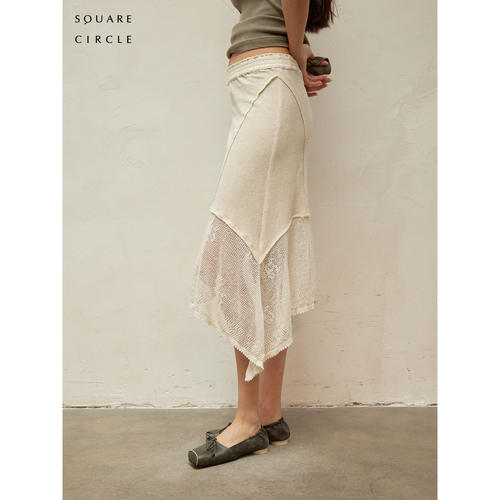 SQUARE CIRCLE 26SS 方圆夏日度假感亚麻拼接针织钩花弧形半裙