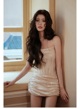 林允同款【Jean SOO】人鱼姬鱼骨网纱收腰亮片抹胸裙