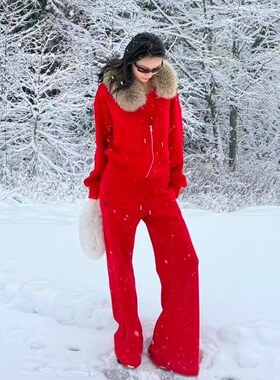 CNLEEWEI 25秋季新款 红色休闲深V领背心卫衣卫裤套装