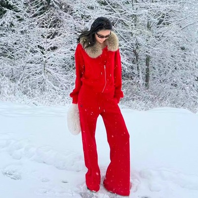 CNLEEWEI 25秋季新款 红色休闲深V领背心卫衣卫裤套装