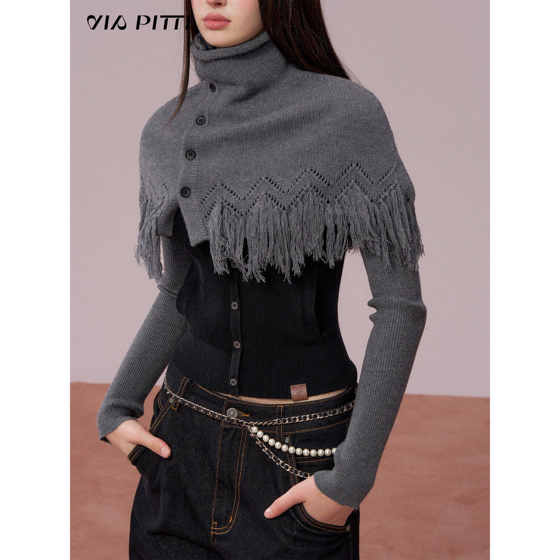 VIAPITTI设计感撞色半高领毛织打底+流苏斗篷时尚两件套女装秋冬,女装/女士精品,时尚套装,淘宝优惠券,粉丝福利购,淘宝优惠卷