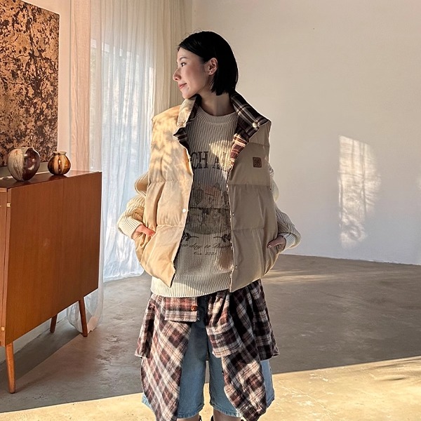 【设计师女装】ODTD25秋冬新款撞色格子正反两面穿90鹅绒羽绒服女