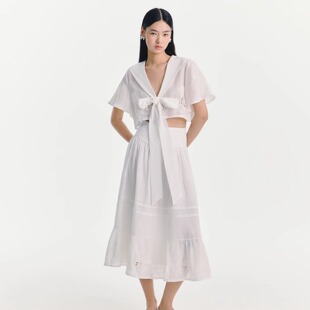 苎麻绣花海军领套头衬衫 25SS 苎麻绣花褶皱半身裙 HSU ESTER