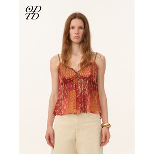 拼片印花V领花边吊带上衣女度假风 ODTD26春夏新款 设计师女装