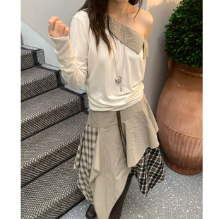 撞色格子衬衫 新款 ODTD25秋季 领一字肩上衣 设计师女装