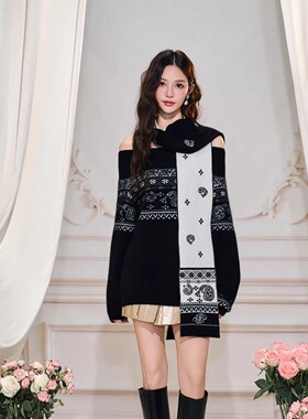 Three Quarters 25AW 白色兔毛一字肩腰果花毛衣