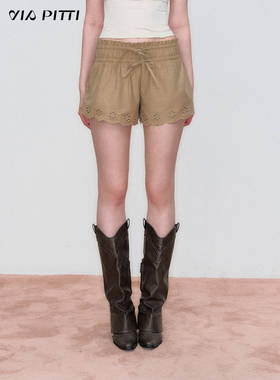 VIAPITTI设计感双腰头收腰显瘦短裤女装春季直筒百搭镂空刺绣裤子