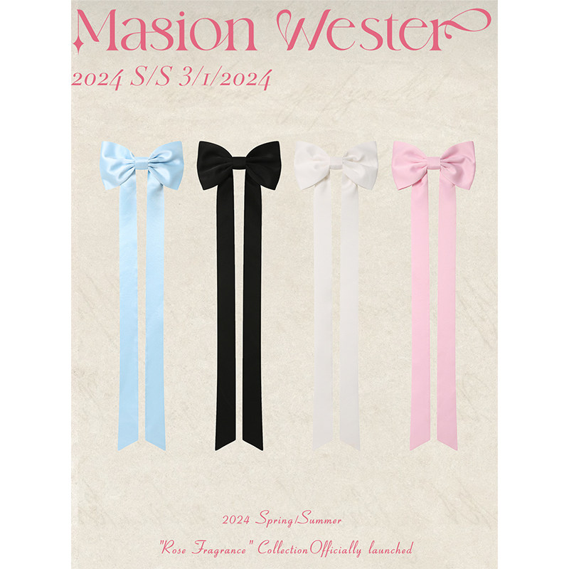 Maison Wester2F春夏新款女装发饰甜美少女长飘带缎面蝴蝶结发夹