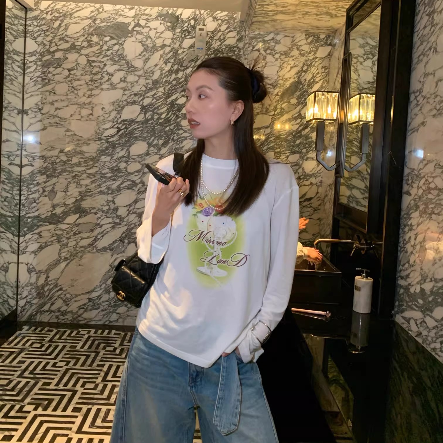 MARRMO马髦 珍珠美人杯印花亚麻长袖T恤