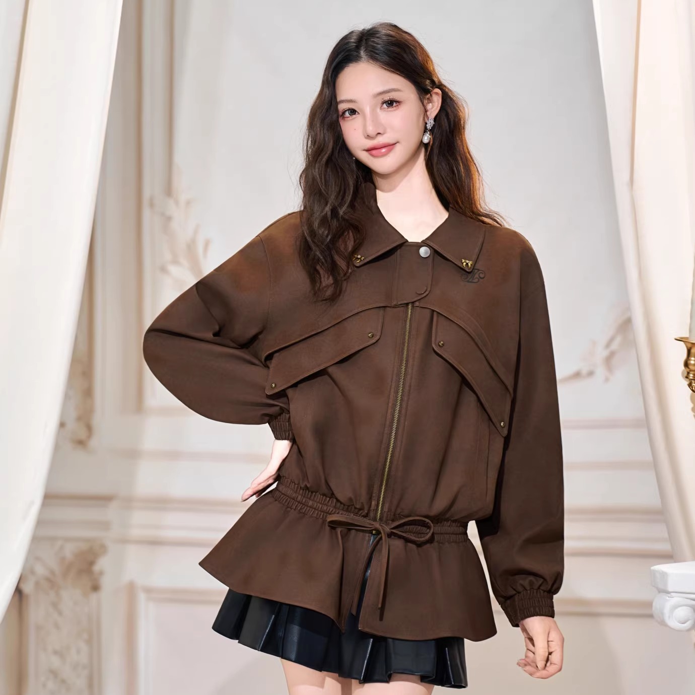 Three Quarters 25AW 棕色撞钉蓬蓬下摆皮衣外套