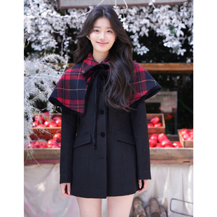 黑色收腰红格纹披肩羊毛大衣 25AW GUO JINGYI