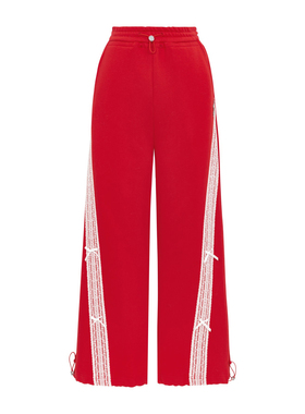 Three Quarters 25AW 红色加绒蕾丝拼接阔腿卫裤